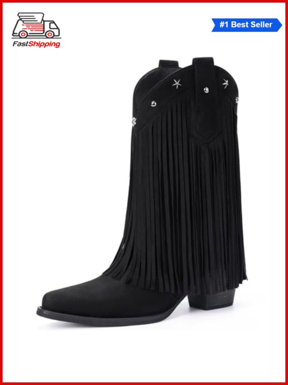 Fringe Cowboy Boots Women Star Studded Pointed Toe Chunky Heel Mid Calf Western